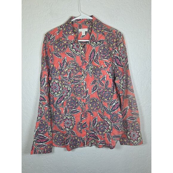 Charter Club Pink Blue Paisley Printed Button Down Pockets Linen Shirt Size 12 - Picture 1 of 5